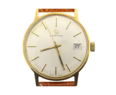 CERTINA, geelgouden vintage herenpolshorloge aan bruin lederen band, met datumaanduiding en secondenwijzer, opwinder, met met