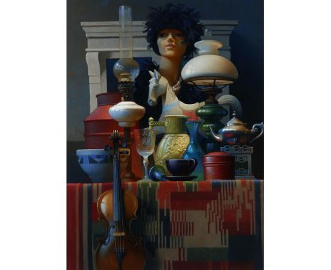 Co Cordel (1957-)Stilleven met mannequin, viool en olielampen op kelim, gesigneerd en gedateerd '01 rechtsonder, olieverf op 