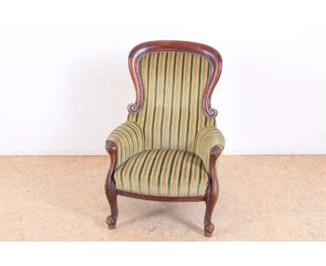 Mahoniehouten fauteuil met groen gestreepte velourse bekleding, 19e eeuw.