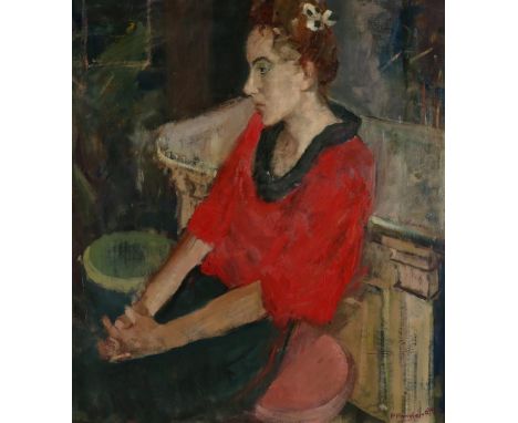 Pieter Pander (1962-)Zittende dame in rode blouse, gesigneerd en gedateerd '89 rechtsonder, olieverf op board, 90 x 80 cm.
