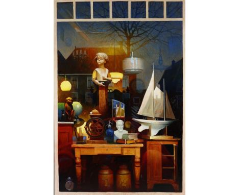 Co Cordel (1957-)'Bogart' Etalage met scheepsmodel, houten mannequin en buste, gesigneerd en gedateerd '97 verso, olieverf op