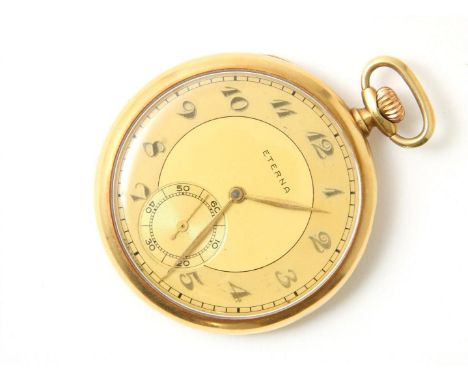 Zakhorloge in geelgouden kast, adres Eterna, gehalte 585/000, genummerd 3056350, diameter kast circa 42 mm.€ 200 - € 300