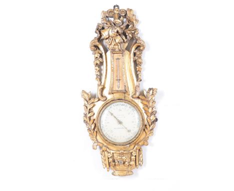 Houten vergulde barometer met thermometer met gestoken bloemen en laurierbladeren, adres Tupman, Great Russell Street, Blooms