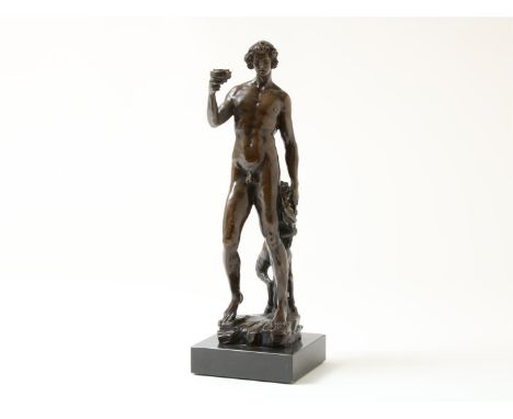 Bronzen sculptuur van Bacchus met Faun, gesigneerd "E. Nahcepe" op voet, naar voorbeeld van Michelangelo, 20e eeuw, hoogte in