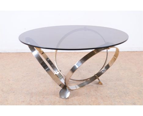Vintage salontafel op 3 verchroomde ringenonderstel en rond rookglazen blad, ontwerp Knut Hesterberg (1942-2017), Duitsland 7