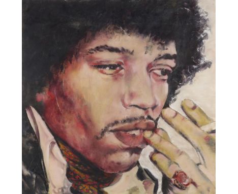 Willem Janssen (1950-)Portret van Jimi Hendrix, gesigneerd en gedateerd verso, olieverf op doek, 100 x 100 cm.
