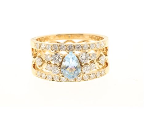 Roségouden bandring met harp motief, bezet met topaas en diamant, briljantslijpsel, circa 0.76 ct., gehalte 750/000, maat 17.