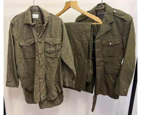 3 vintage items of military army clothing. A No.2 Dress jacket with belt, No.2 pattern trousers with belt and flannel shirt. 