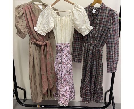 3 x vintage 1980's day dresses in various styles. To include a brown and pink wrap over style dress with matching sash belt b