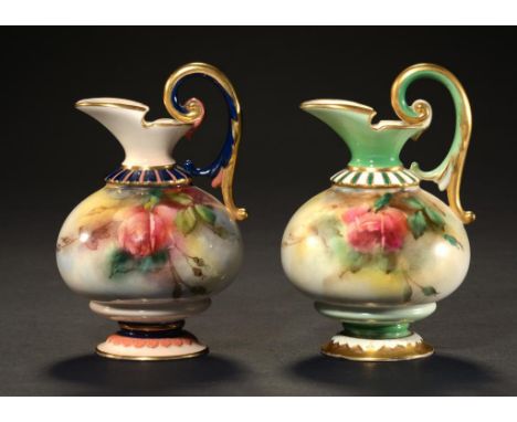TWO HADLEY'S WORCESTER EWERS, painted with roses, 11cm h, printed mark, 1902-05 ++Both in fine condition