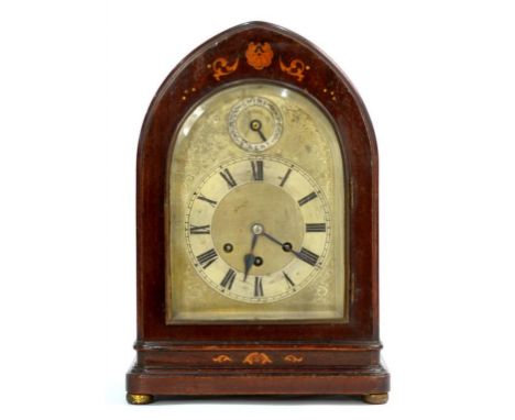 A GERMAN MAHOGANY AND INLAID BRACKET CLOCK, THE SILVERED DIAL WITH SUBSIDIARY CHIMES / SILENT RING ABOVE, THE MOVEMENT CHIMIN