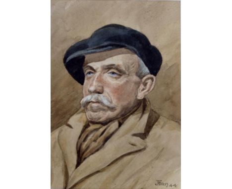 J. ALLEN, PORTRAIT OF A MAN IN A CAP, SIGNED AND DATED 44, WATERCOLOUR, 25 X 17CM AND A CONTINENTAL PAINTING OF THREE MEN IN 