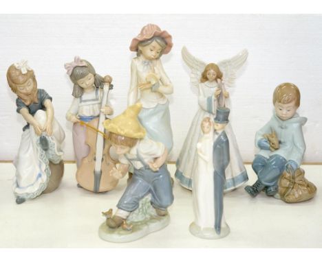 A LLADRO FIGURE OF AN ANGEL AND FIVE NAO FIGURES AND A SMALLER GROUP OF A BRIDE AND GROOM, VARIOUS SIZES, PRINTED MARKS