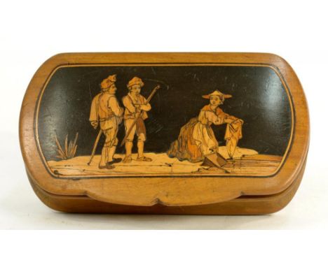 AN ITALIAN WALNUT AND MARQUETRY SNUFF BOX, THE LID DECORATED WITH THREE PEASANTS, 10CM W, 19TH C