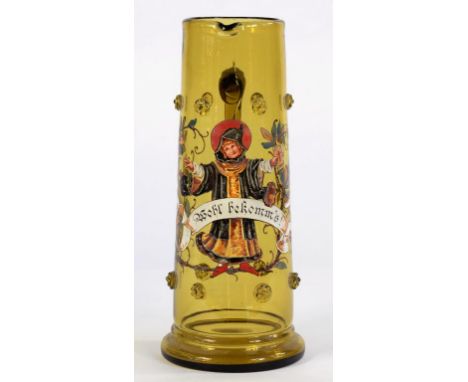 A GERMAN HISTORISMUS ENAMELLED GLASS JUG, WITH RASPBERRY PRUNTS, 29CM H, EARLY 20TH C, CRACKED NEAR HANDLE AND A PAIR OF BELL
