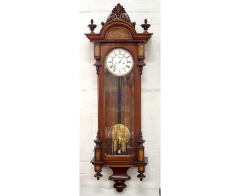 A MAHOGANY AND WALNUT VIENNA WALL CLOCK, EARLY 20TH C, 120 X 37CM