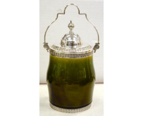 AN EPNS MOUNTED SARREGUEMINES MAJOLICA BISCUIT BARREL AND COVER, WITH SWING HANDLE, 27CM H, IMPRESSED MARK, C1900