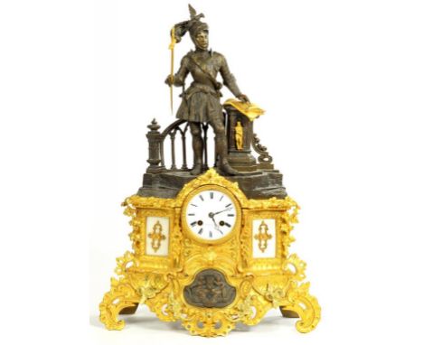 A FRENCH PARCEL GILT SPELTER MANTLE CLOCK, MOUNTED WITH A KNIGHT, 55CM H