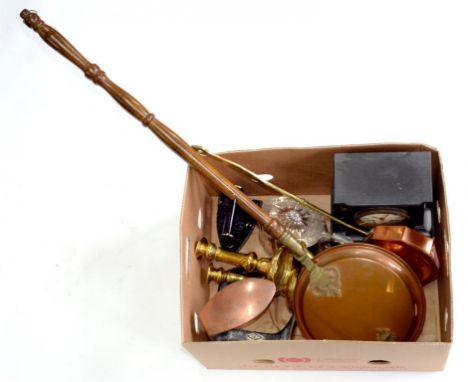 MISCELLANEOUS ITEMS, INCLUDING SLATE MANTLE CLOCK, BRASS CANDLESTICKS AND WARMING PANS, ETC
