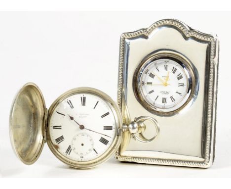 A SILVER HUNTING CASED LEVER WATCH, THE ENAMEL DIAL INSCRIBED C KETTERER 65563, LATE 19TH C AND A SILVER STRUT TIMEPIECE, MOD