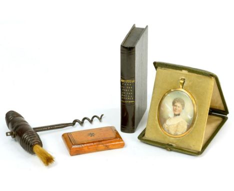 BYGONES. A VICTORIAN CARVED OAK DESK WEIGHT IN THE FORM OF A BOOK WITH GILT TOOLED LEATHER SPINE INSCRIBED PART OF THE WRECK 