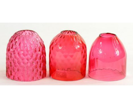 THREE 19TH C CRANBERRY GLASS NIGHT LIGHT SHADES, 8CM H