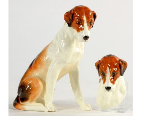 A ROYAL WORCESTER MODEL OF A SEATED FOX HOUND AND A SIMILAR ROYAL WORCESTER WALL HEAD, 18 AND 9CM H, BLACK PRINTED MARK