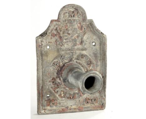 A VICTORIAN DATED CAST LEAD PUMP SPOUT, THE BREAK ARCHED WALL PLATE WITH CREST, INITIAL M AND INSCRIBED BRICE PLUMBER 1880, 3