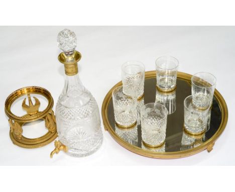 A GILT METAL AND CUT GLASS DECANTER SET