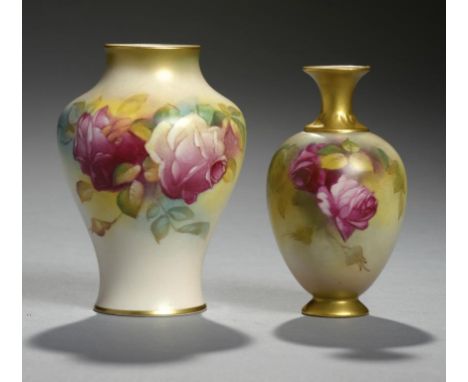TWO ROYAL WORCESTER VASES, 1923 & 50 painted with roses, one by M Hunt, signed, 9.5 & 10.5cm h, printed marks ++Both in fine 