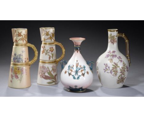 A ROYAL WORCESTER BAMBOO HANDLED EWER AND TWO CLARET JUGS, 1887, 1898 AND C decorated with flowers on an ivory or shaded apri