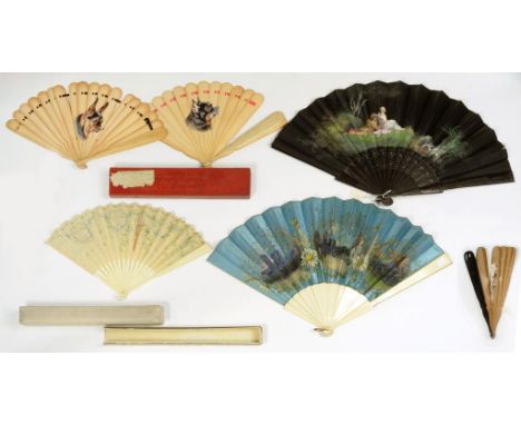 SIX FRENCH LIGHT WOOD, DARK WOOD AND EARLY PLASTIC (IVORINE) FANS, WITH EMBROIDERED OR PAINTED SILK LEAVES, VARIOUS SIZES, LA