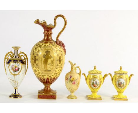 A CROWN DERBY EWER OR KEDLESTON SHAPE, FINELY DECORATED IN RAISED MATTE AND BURNISHED GILDING, WITH PLATINUM ACCENTS, WITH FO