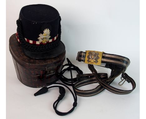 An early 20th Century Highland Light Infantry Officer's Shako the black cloth body with chequered band, braided cord trim, pa