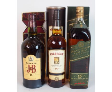 Aberlour 10 Year Old single malt whisky 70cl, 40% volume, Johnnie Walker pure malt 15 year old, one litre, 43% volume and J &