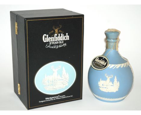 Glenfiddich 21 Year Old pure malt scotch whisky  in pale blue Wedgewood decanter, produced to mark the centenary of the disti