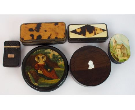 Six early 19th Century snuff boxes a circular papier mache snuff box, the lid painted with a lady in Georgian attire reclinin