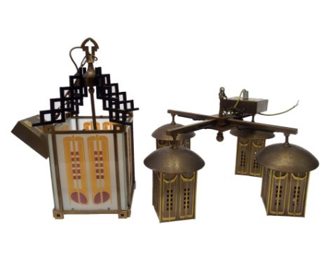 A Mackintosh style Glasgow School of Art reproduction copper hanging light with four pierced lanterns, 65cm wide and a hall l
