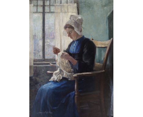 MARGARET WILSON (Scottish 1864 - 1912) SEWING BY THE MORNING LIGHT Oil on canvas, signed, 69 x 51cm (27 x 20")