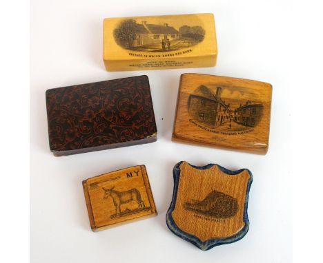 A group of 19th Century Mauchline Ware; a rectangular snuff box, the paper surface decorated with leaves and scrolls, 6.5cm l
