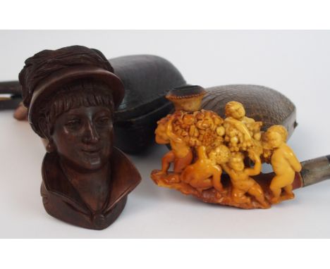 A 19th Century carved Briarwood female figure pipe the carved head of a lady wearing a feather hat, silver collar dated Septe