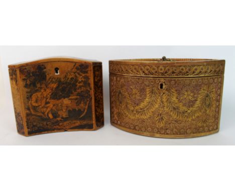 A George III rolled paper navette shape tea caddy, circa 1800 the caddy with borders of rolled paper peacock scrolls, the mai