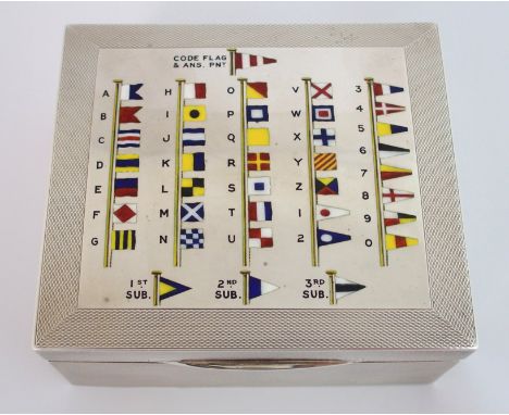 A silver cigarette box by John William Barrett, Birmingham 1934, of rectangular shape, the hinged cover inset with coloured e