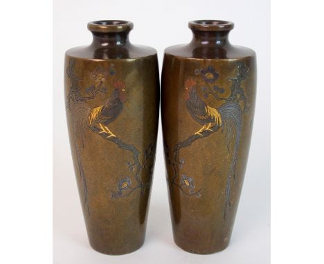 A pair of Japanese bronze baluster vases decorated with cockerels on blossoming branches, signed, 12cm high (2)