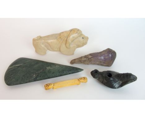 A chalk carved model of a bison 16cm long, hardstone carved oil lamp with figure head handle, 10cm wide, rough amethyst from 