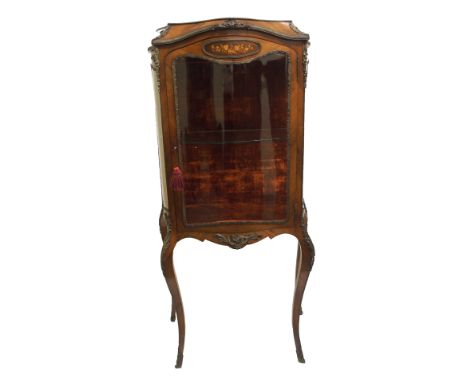 A French rosewood gilt-metal mounted Vitrine with convex glass hinged door with plush interior glass shelf, with serpentine s