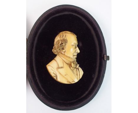 W. Hogh Fecit, a 19th Century carved ivory bust in silhouette of Benjamin Disraeli possibly Dieppe, the silhouette in oval le