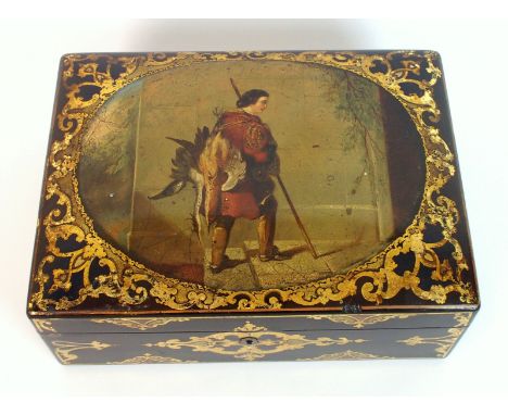 A 19th Century Jennens & Bettridge lacquered, painted and gilded sewing box the box with painted lid depicting a hunter with 