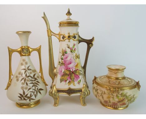 A group of Royal Worcester wares; an Aesthetic style tall coffee pot decorated with roses and raised gilded leaves, raised on