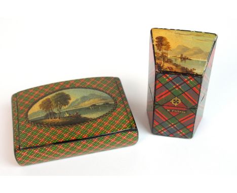 A 19th Century Mauchline Tartanware hand painted scenic snuff box the rectangular tartan box with central oval painted panel 